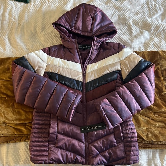 BNCI Jackets & Blazers - BNCI Women's Hooded Puffer Jacket in Plum with Chevron Stripes